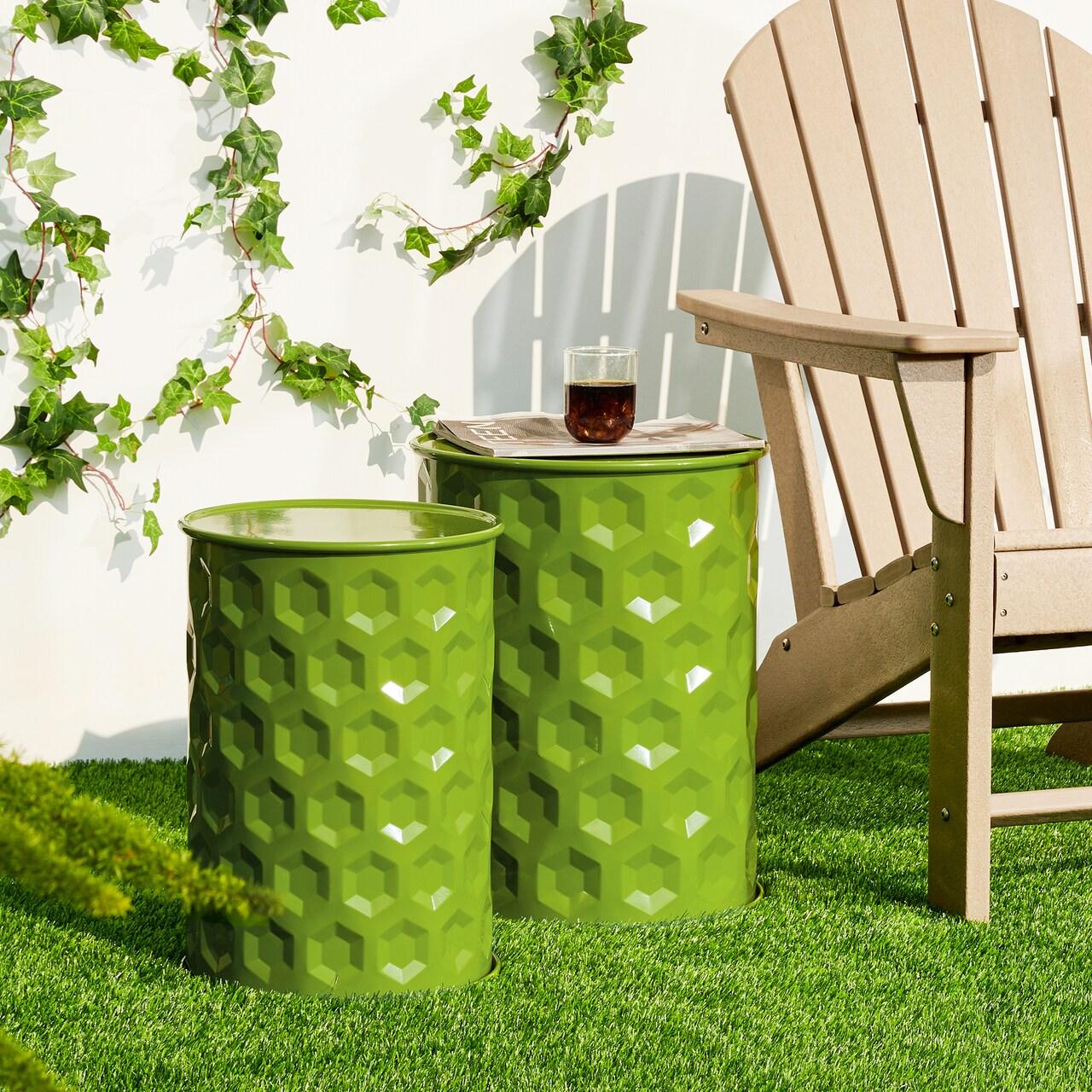 Set of 2 Embossed Honeycomb Texture Cylindrical Metal Garden Stool